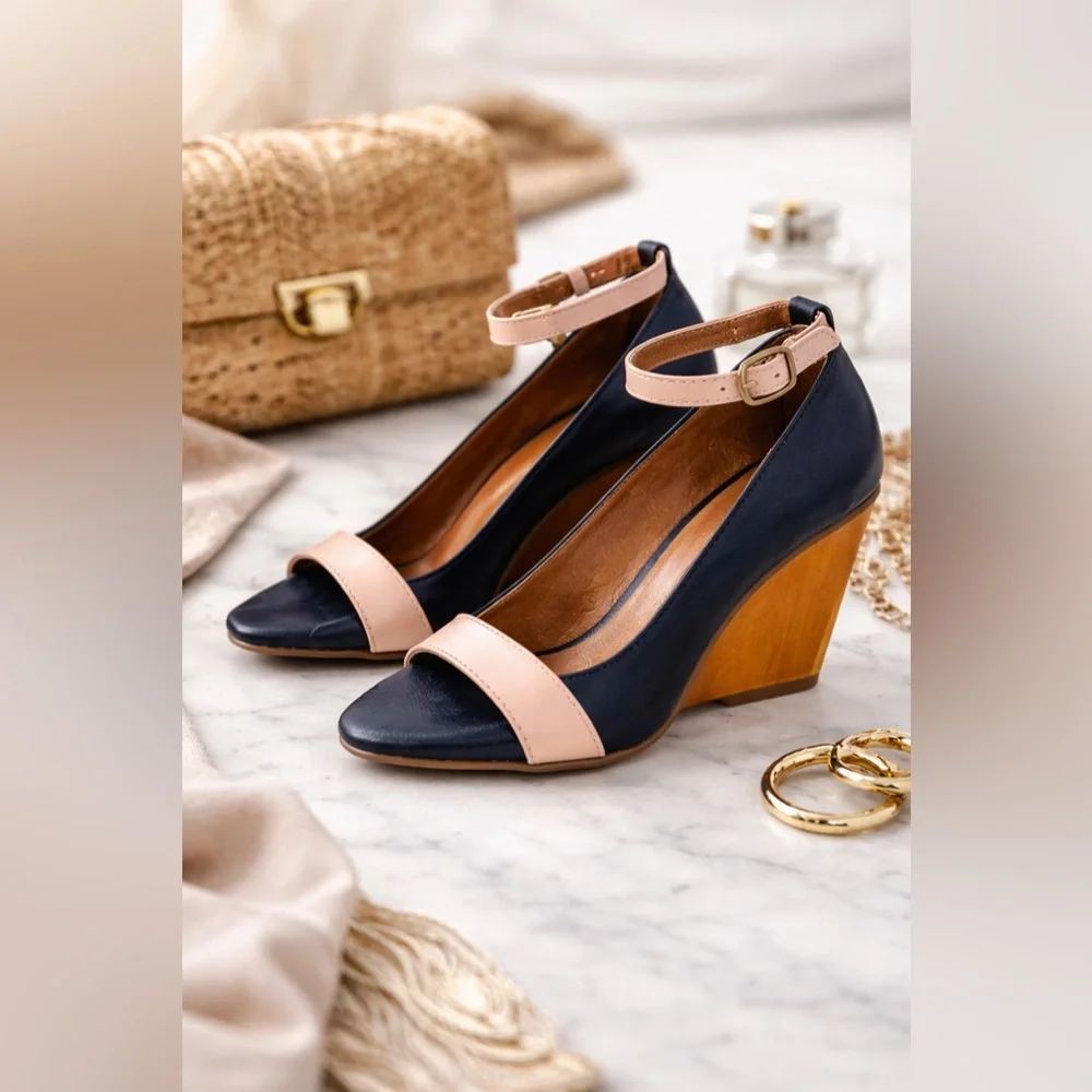 Jeffrey Campbell Havana Last Wedge Heels Navy Nude Leather Size 5M